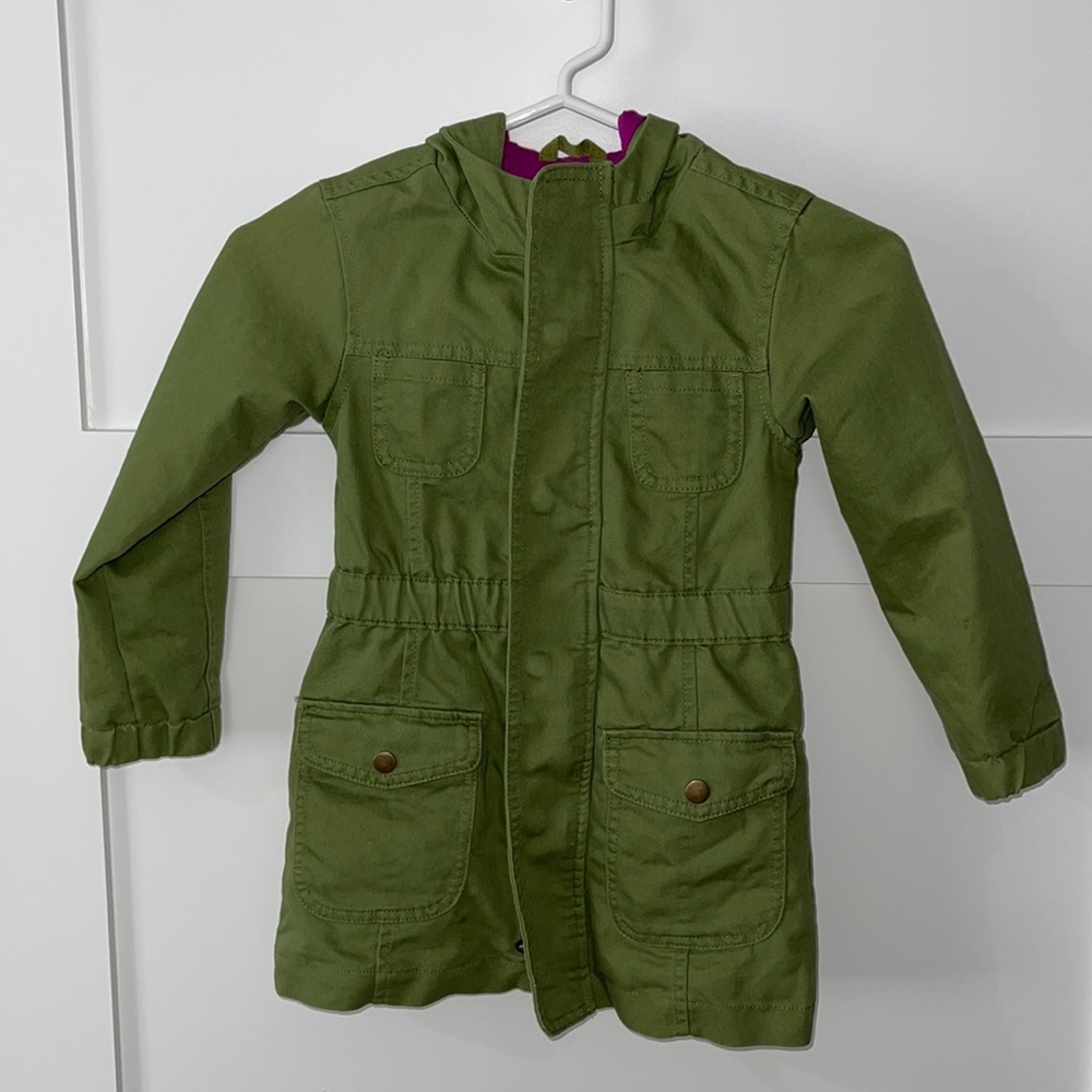 Cat and Jack cotton lined jacket. Has hood and pockets, zip and button closure.